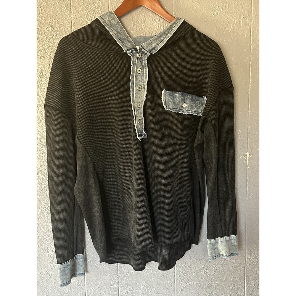 Men's BKE Black Blue Denim Hooded Henley Size Small Casual Western Hip Hop